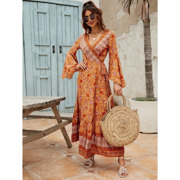 Boho long sleeve orange Floral Print Bell Sleeve Tie Front Wrap Dress maxi dress - Picture 5 of 7